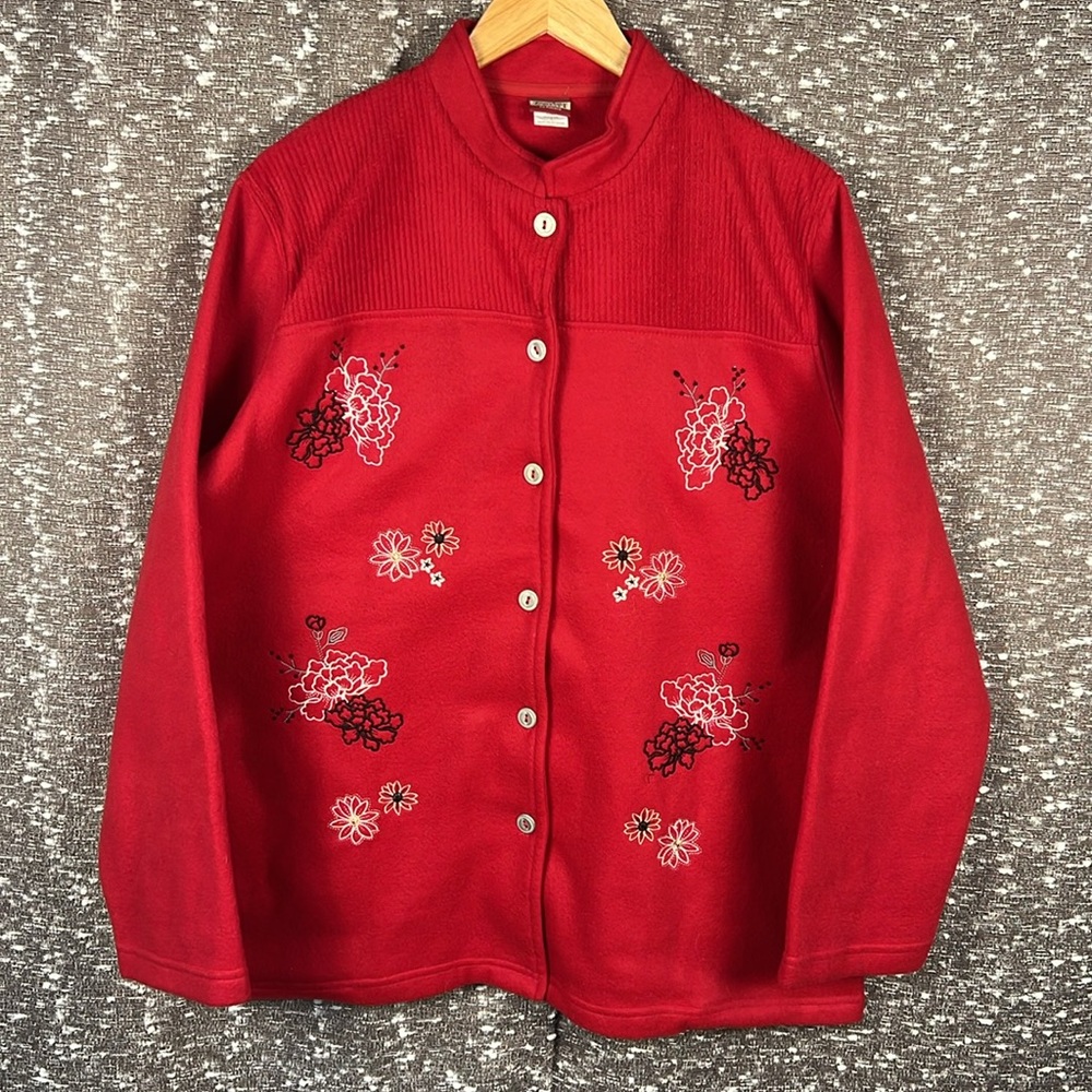 Tudor Court Red Embroidered Fleece Button Up Jacket Sweater Size Large
